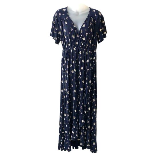 Isabel Maternity Maxi Dress Women's Flutter Short Sleeve Navy Blue Floral Large - Picture 1 of 15